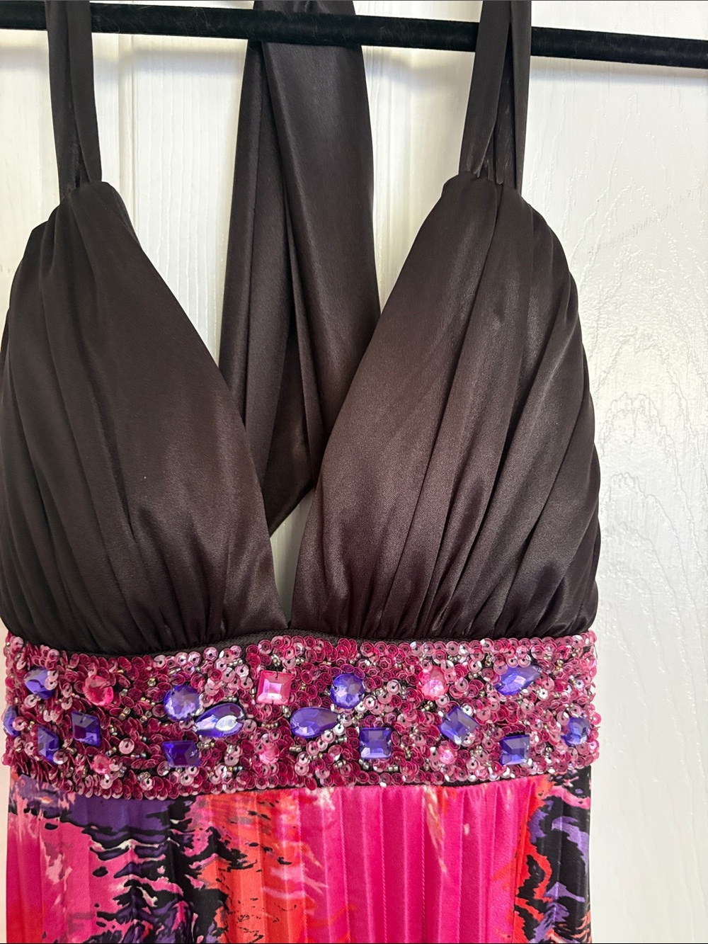 Black Halter Maxi Dress with Pink & Purple Abstract Skirt
